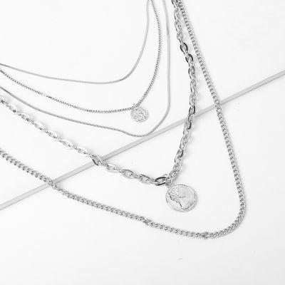 Silver Layering Collarbone Necklace Coin Pendants Necklace