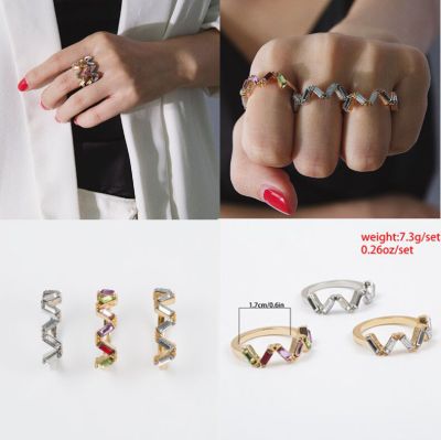 Rainbow Zirconia V-shape Rings Set 3PCs Birthday Jewelry Gift