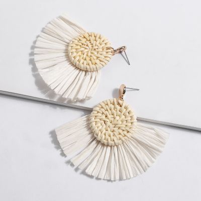 Round Straw Woven Fan Tassel Earrings Hoop Earring