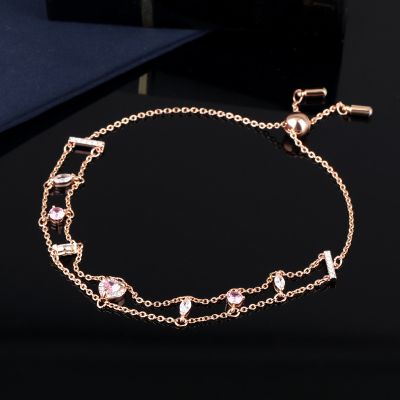 Pink Crystals Heart Layered Chain Bracelet Gift for Her