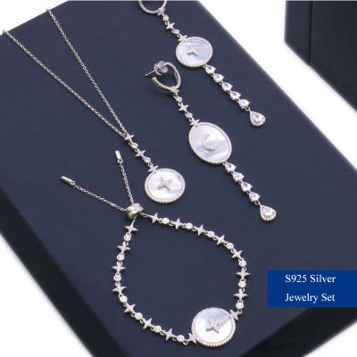 S925 Silver Rhinestones Star Shell Jewelry Set Earrings&Necklace Set
