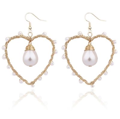 Heart Pearls Drop Earrings Hook Dangle Earring for Date