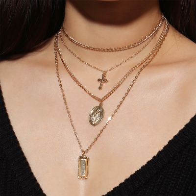 Vintage Multi-layer Chain Cross Madonna Necklace for Beach