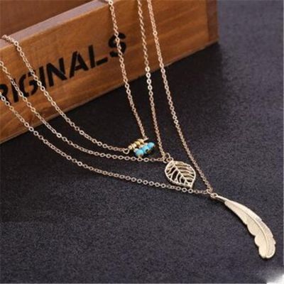 Beads Feather Pendants Layered Necklace Bohemia Woman Necklace