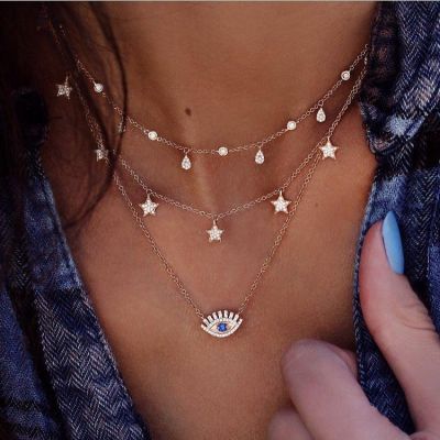 Golden Stars Devil Eyes Multilayer Necklace Chain for Travel