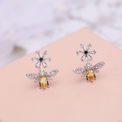 Rhinestones Bee Flower S925 Stud Earring Gifts for Her