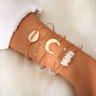 Bohemian Shell Moon Chain Bracelets 5 Pack Bangle Gifts for Her