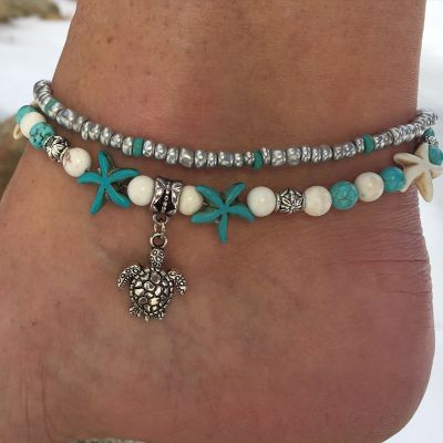 Turquoise Turtle Starfish Charm Layered Ankle Bracelets for Beach