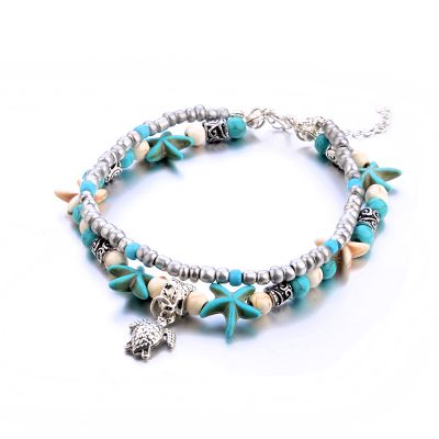 Turquoise Turtle Starfish Charm Layered Ankle Bracelets for Beach