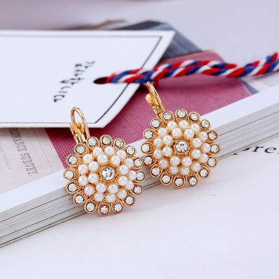 Floral Pearls Rhinestones Hoop Earrings for Wedding