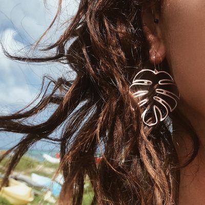 Gold Palm Leaf Dangle Drop Earrings for Beach in Gold
