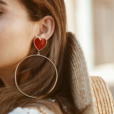 Heart Studded Dangle Hoop Earrings Cute Earring