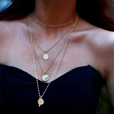 Gold Bohemia Cross Coins Pendant Multilayer Necklace Chain