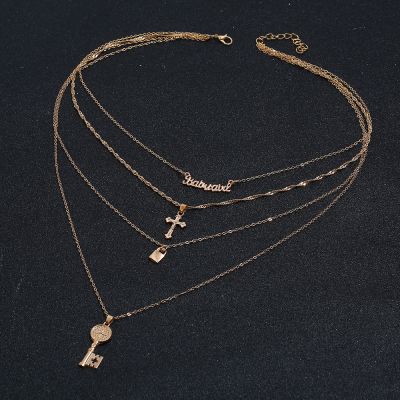 Bohemia Cross Key Pendants Multilayer Summer Necklace in Gold