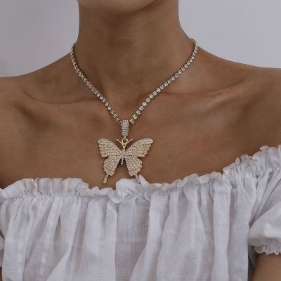 Boho Crystal Big Butterfly Pendants Statement Necklace
