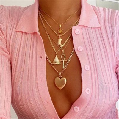 Boho Multilayer Gold Chain Necklace Pyramid Heart Statement Necklace