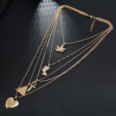 Boho Multilayer Gold Chain Necklace Pyramid Heart Statement Necklace