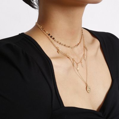 Boho Sequins Flash Eye Pendants Layer Necklace Chain Set
