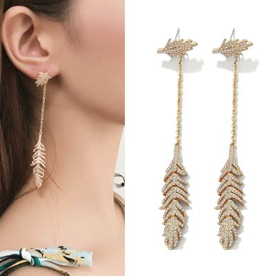 Cubic Zircon Feather Dangle Drop Earrings with S925 Pin Christmas Gifts