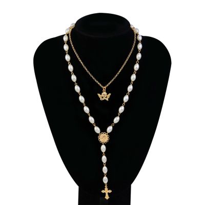 Cute Pearls Angel Cross Pendants Boho Layer Necklace for Woman