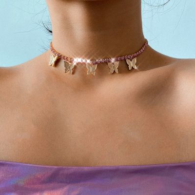 Fashion Butterfly Rhinestones Choker Chunky Chain Necklace