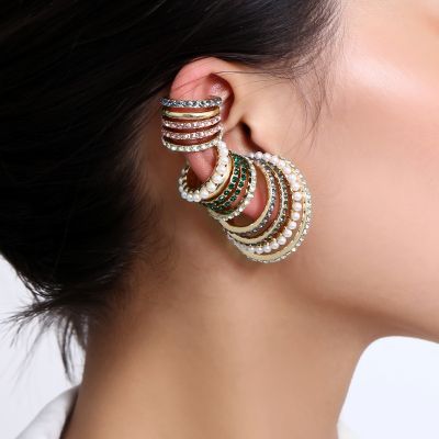 Fashion Pearl Rhinestone Clip-on Hoop Earring Mismatched Earring
