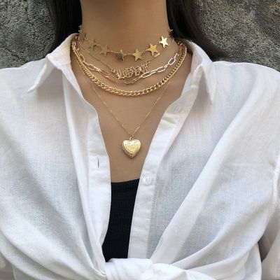 Fashion Stars Heart LOVE Pendants Layered Necklace Set