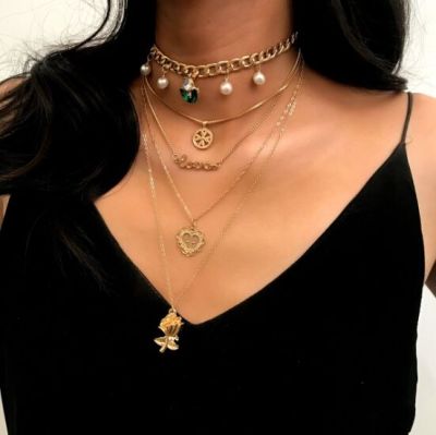 Gold Cross Rose Pendants Chunky Choker Multilayer Necklace 