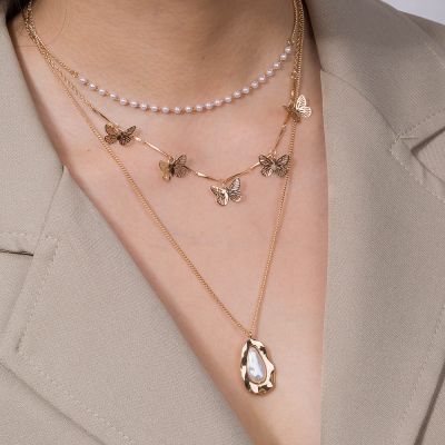 Gold Fashion Layer Pearl Butterfly Necklace Chain for Party