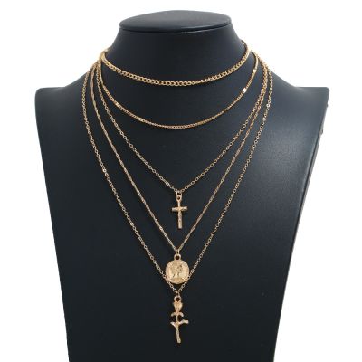 Gold Layering Necklace Vintage Cross Coin Pendants Chain Necklace