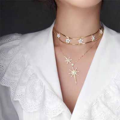 Gold Rhinestones Stars Layer Collarbone Necklace for Party