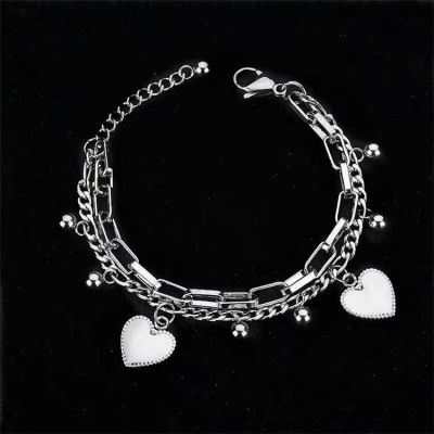 Hearts Charm Layered Bracelet Chain in Silver