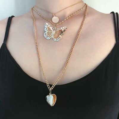 Hollow-out Butterfly Heart Drop Multilayer Necklace Boho Necklace