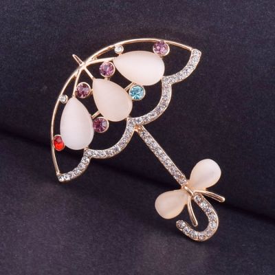Opal Rhinestones Umbrella Brooches Bowknot Cute Pins