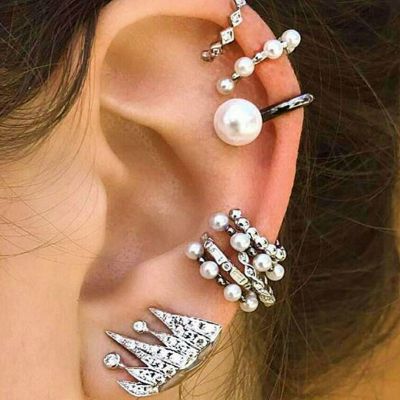 Pearls Crown Clip-on Earrings Boho Huggie Hoop 9 Pack