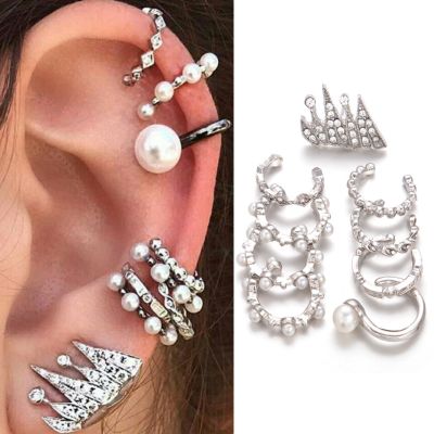Pearls Crown Clip-on Earrings Boho Huggie Hoop 9 Pack