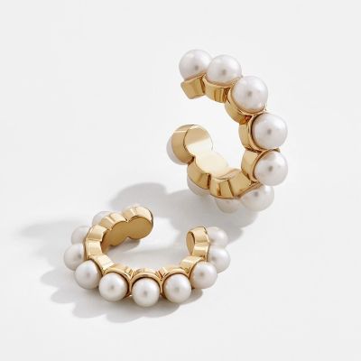 Pearls Geometric Ear Clip Hoop Earrings Bridal Earring
