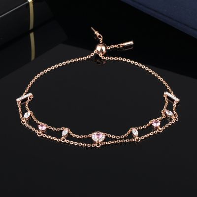 Pink Crystals Heart Layered Chain Bracelet Gift for Her