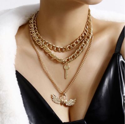 Punk Heart Keys Pendants Chunky Layered Necklace for Woman