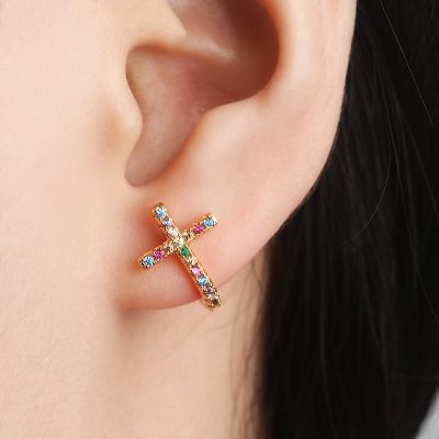 Rainbow Cubic Zirconia Cross Piercing Stud Earrings