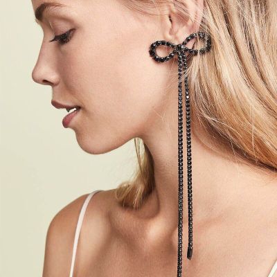 Rhinestone Bow Long Chain Earrings