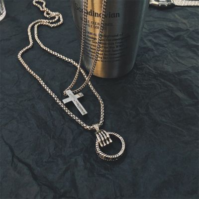 Ring&Cross Pendants Mans Punk Necklace in Silver