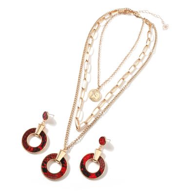Round Snake-Print Layered Necklace and Earrings Set