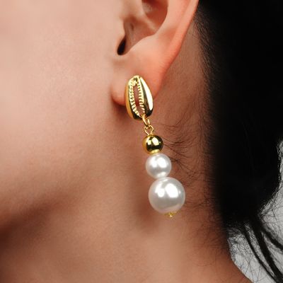 Shell Double Pearls Drop Earrings Boho Dangle Earring