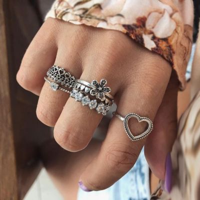 Silver Fashion Heart Flower Midi Ring Layer Ring Set 6 PC