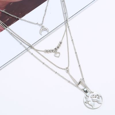 Silver Layering Necklace Moon Map Pendants Chain Necklaces for Party