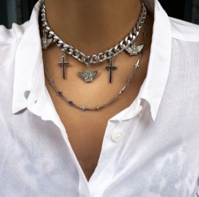 Silver Punk Cross Angel Chunky Layered Necklace for Party