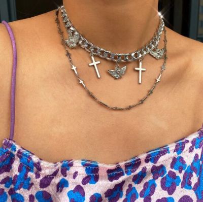 Silver Punk Cross Angel Chunky Layered Necklace for Party