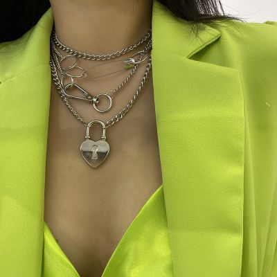 Silver Punk Heart Lock Chunky Layer Statement Necklace