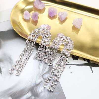Silver Rhinestones Fringes Earring Bridal Statement Earrings